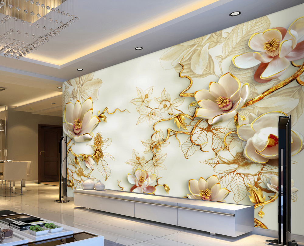 Fototapeta złote gałęzie z białymi kwiatami