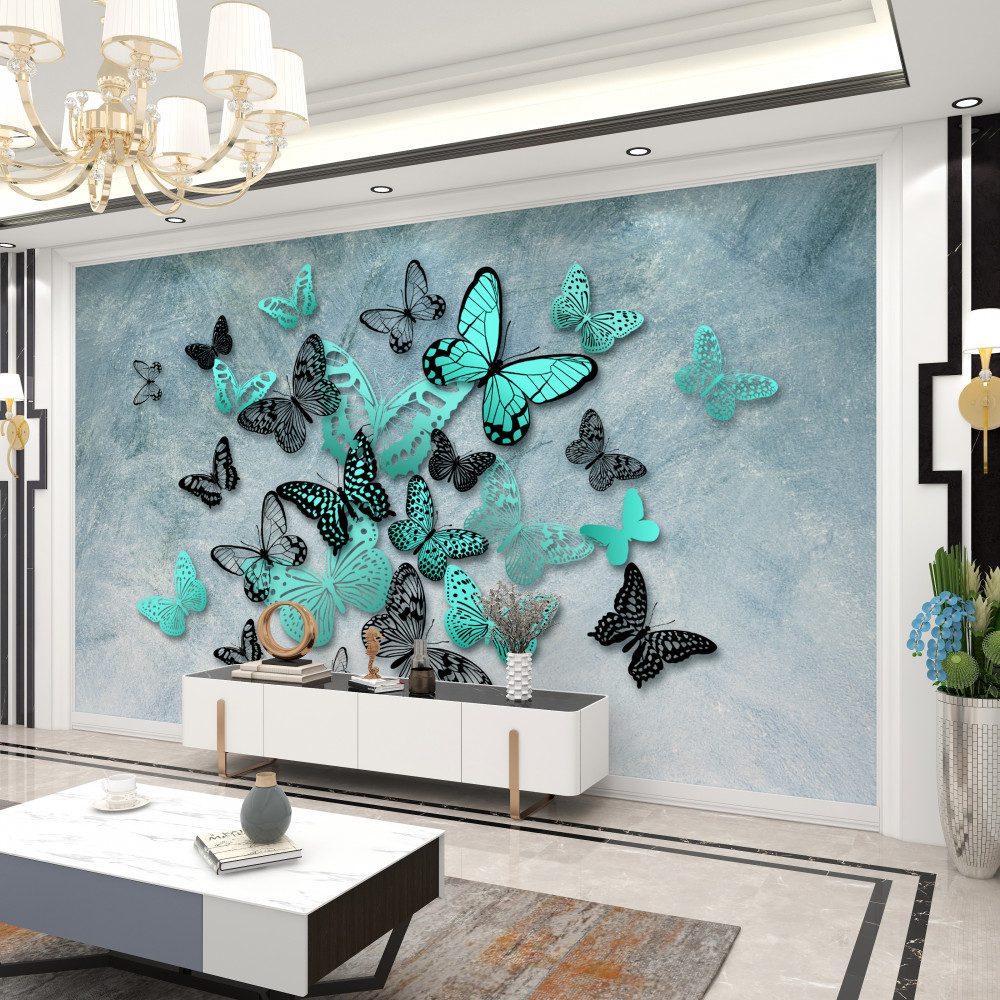 Fototapeta niebieskie motyle na szarym tle