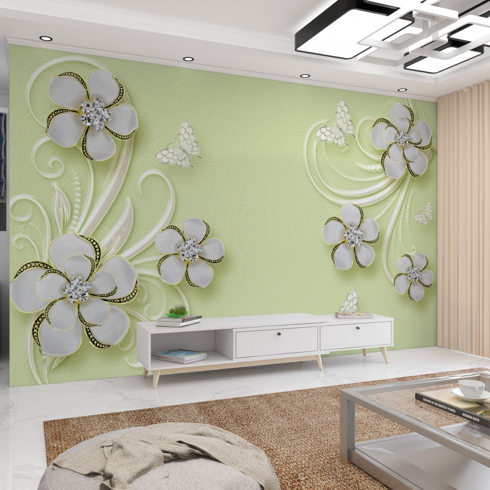 Fototapeta motyle na białych kwiatach w kolorze złotym