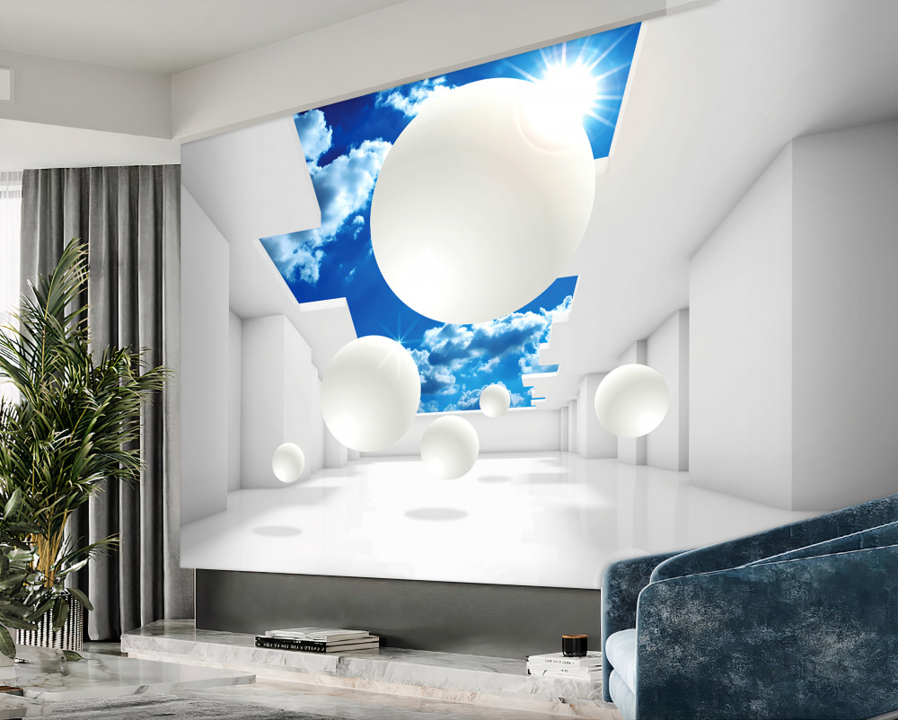 Fototapeta ogromne białe kule na tle nieba i słońca