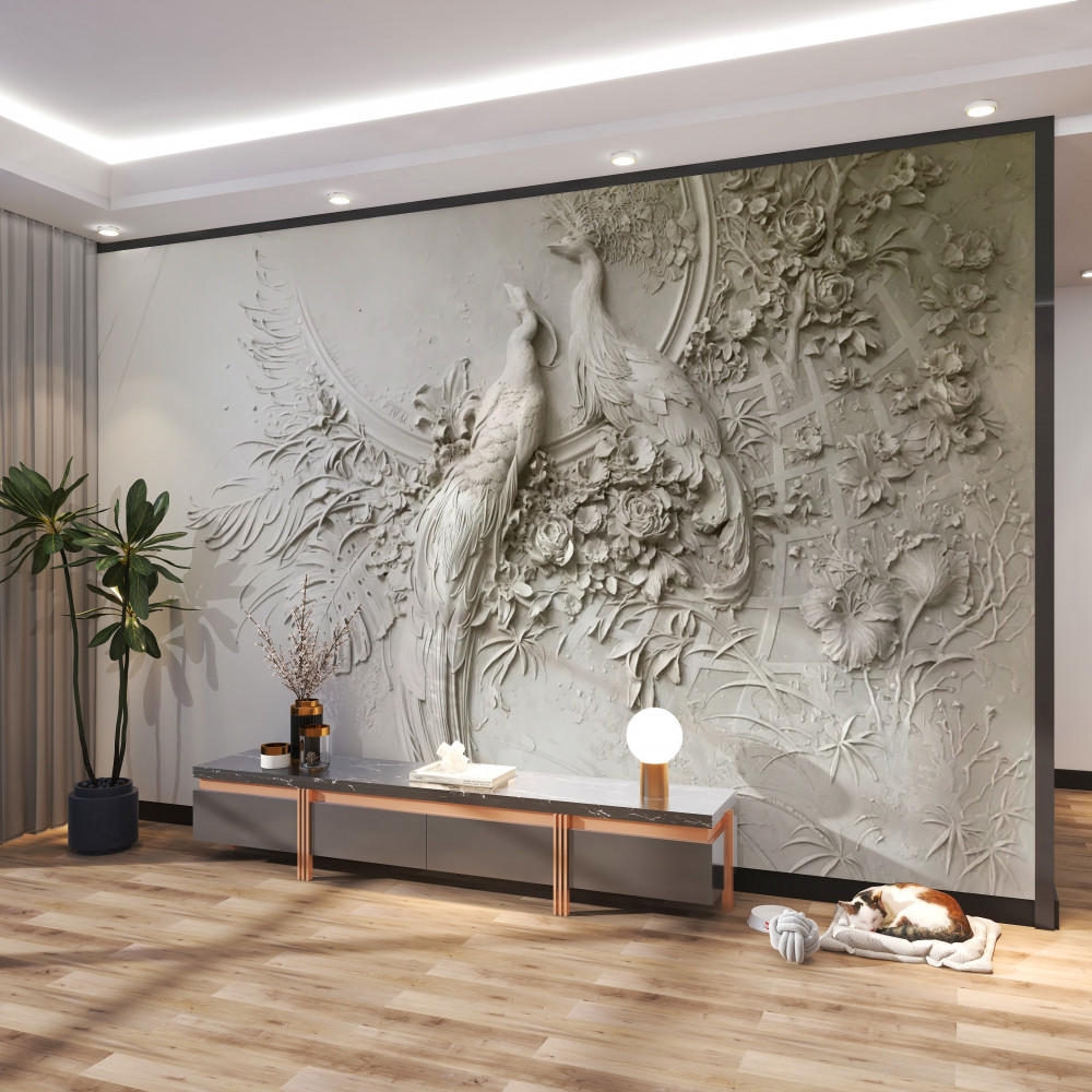 Fototapeta rodzina pawi na kwitnącym drzewie