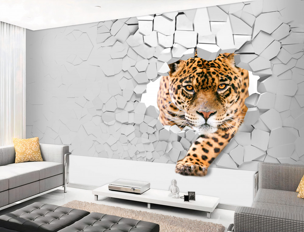 Fototapeta lampart przebija się przez ceglany mur