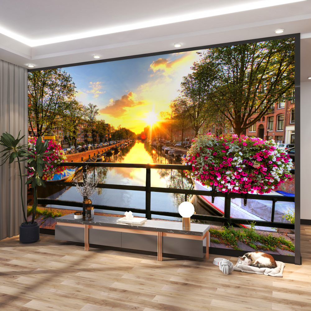 Fototapeta zachód słońca w sercu Amsterdamu