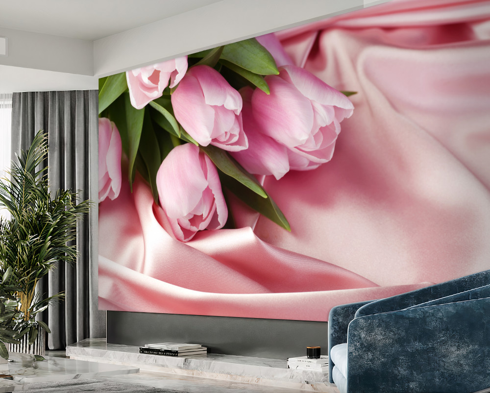 Fototapeta różowe tulipany na jedwabiu