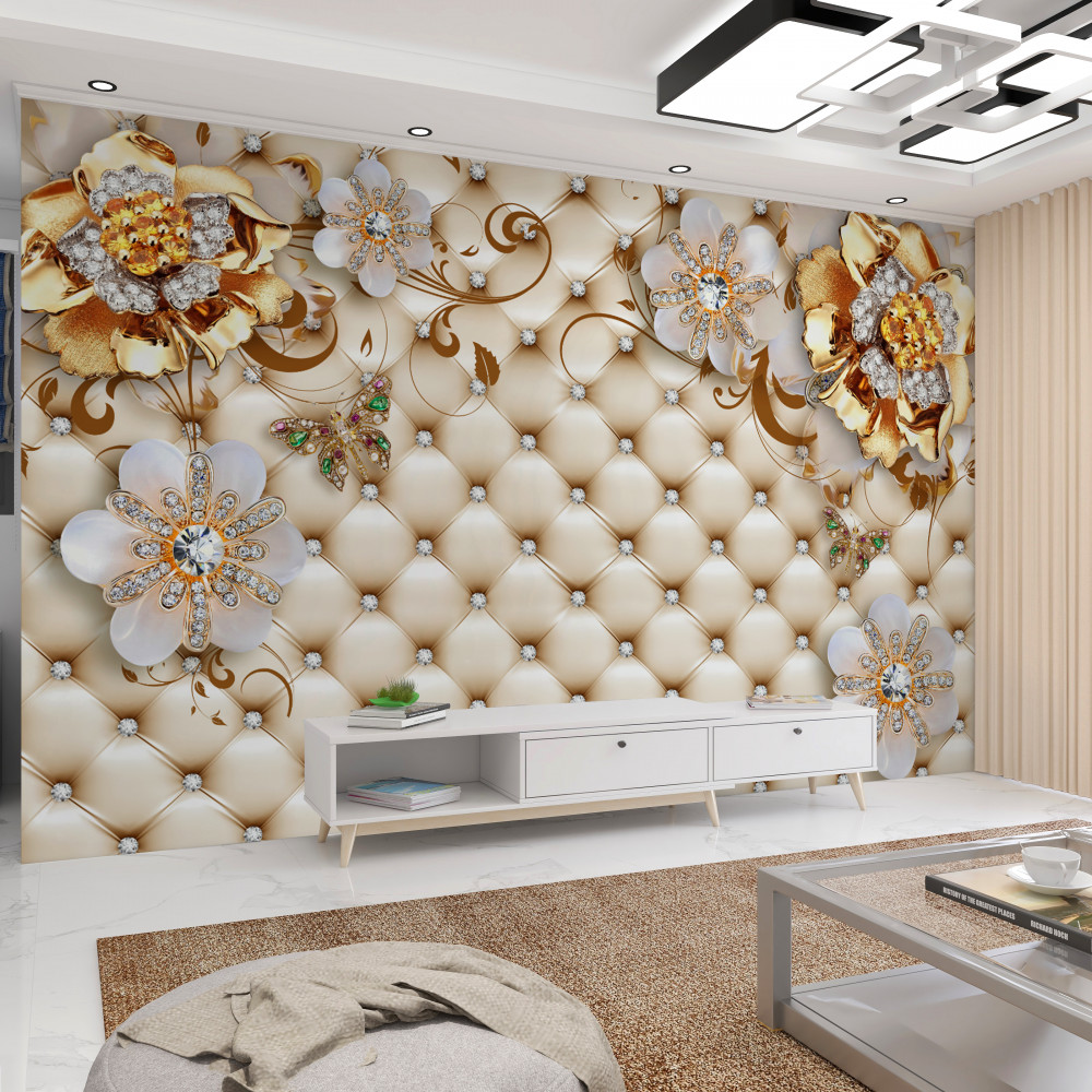 Fototapeta złote kwiaty z białymi płatkami w kolorze złotym