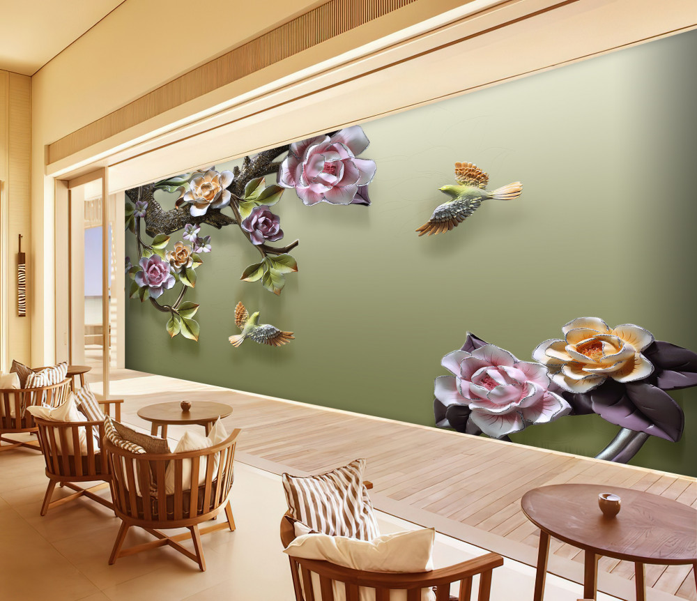 Fototapeta jaskółki i delikatne róże na gałęziach