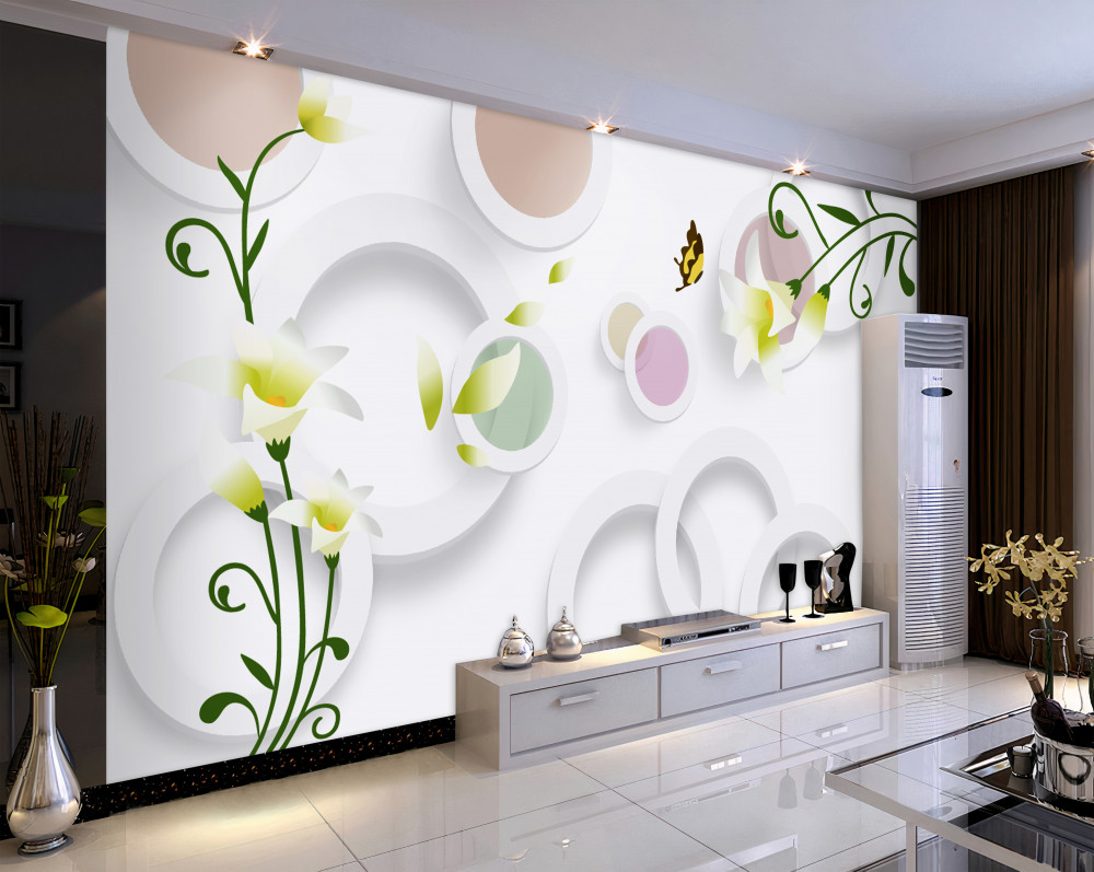 Fototapeta zielone gałęzie z żółtymi kwiatami i kółkami