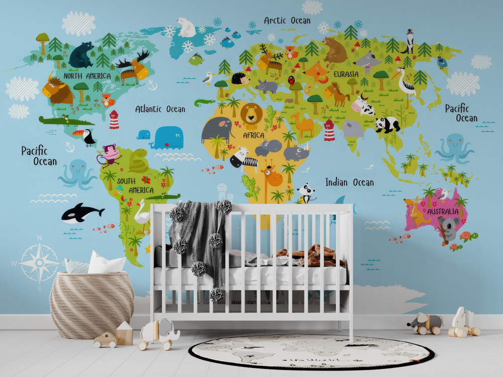 Fototapeta mapa świata dla dzieci ze zwierzętami