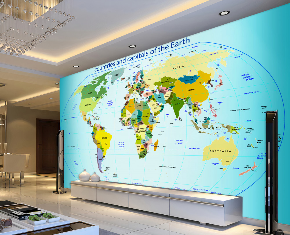 Fototapeta mapa świata z krajami i stolicami