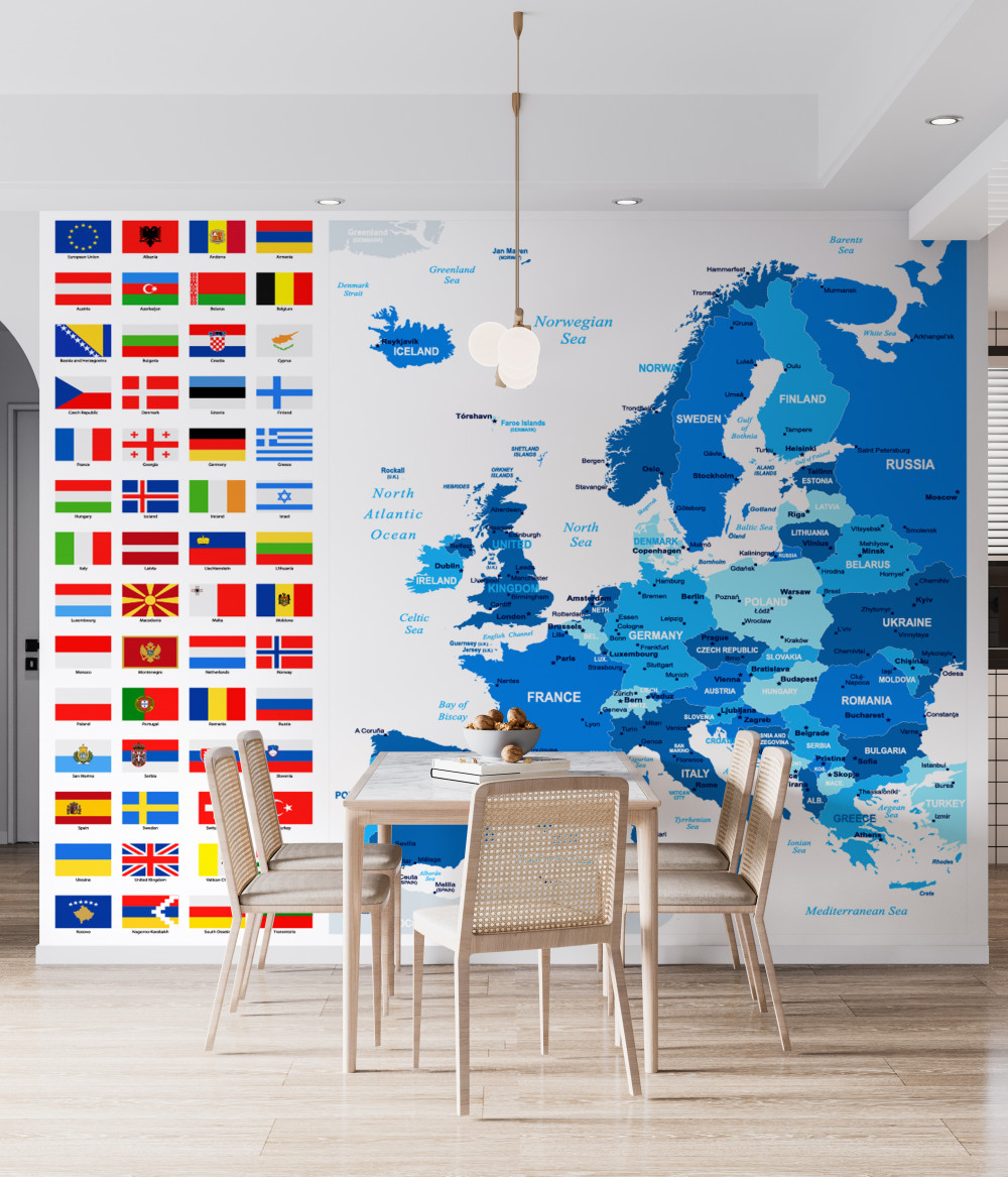 Fototapeta mapa krajów europy z flagami