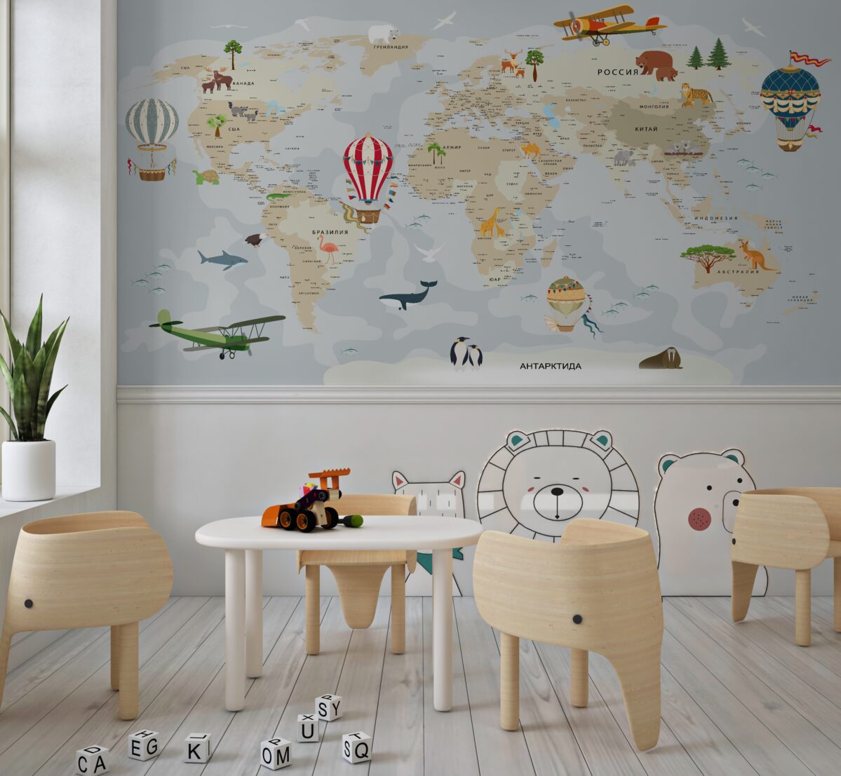 Fototapeta Mapa świata ze zwierzętami i transportem