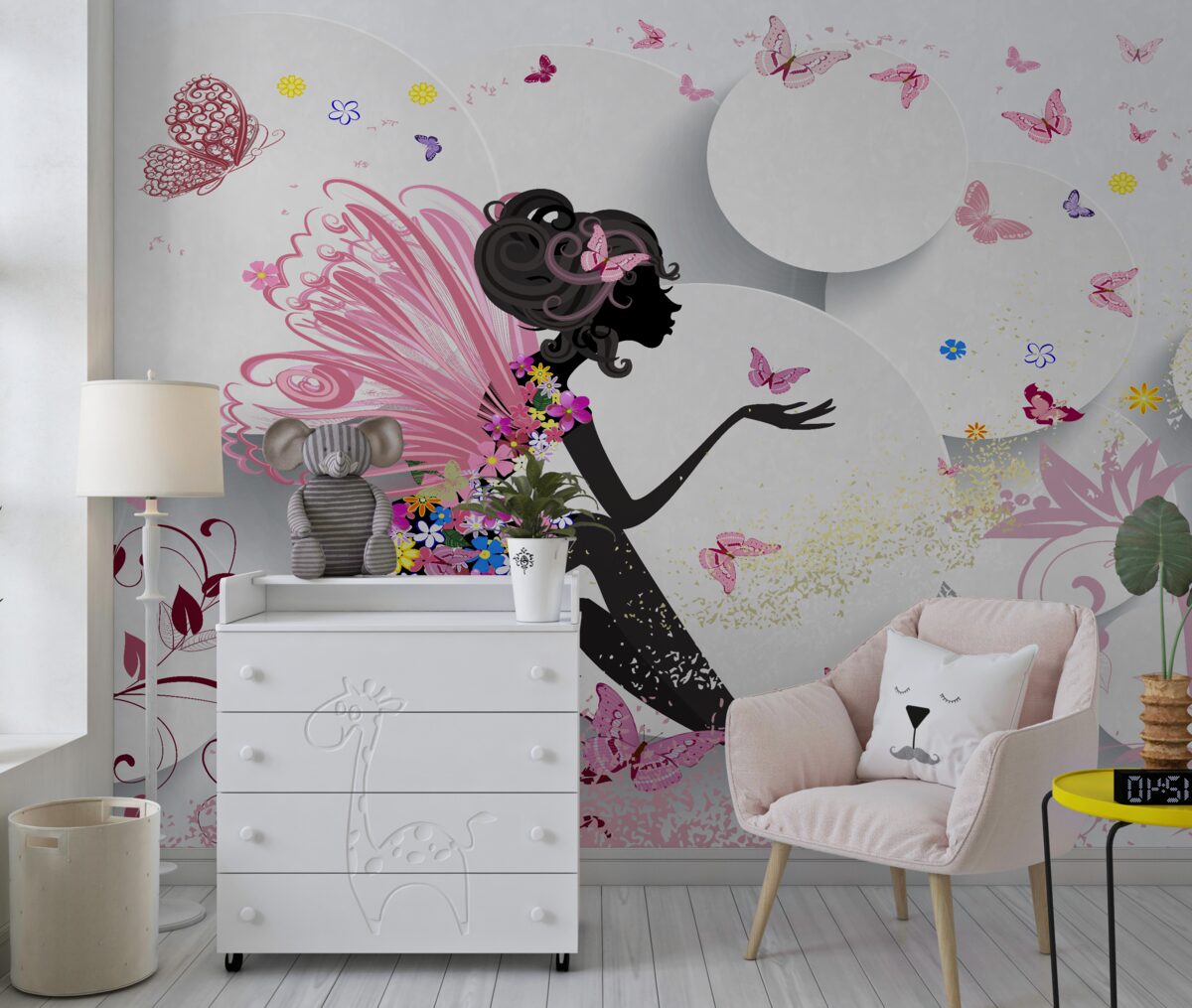 Fototapeta Dziewczyna ze skrzydłami pokrytymi kwiatami i motylami