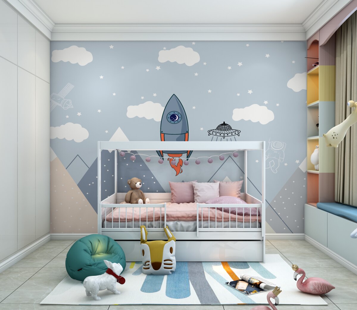 Fototapeta Rakieta i UFO startują nad górami