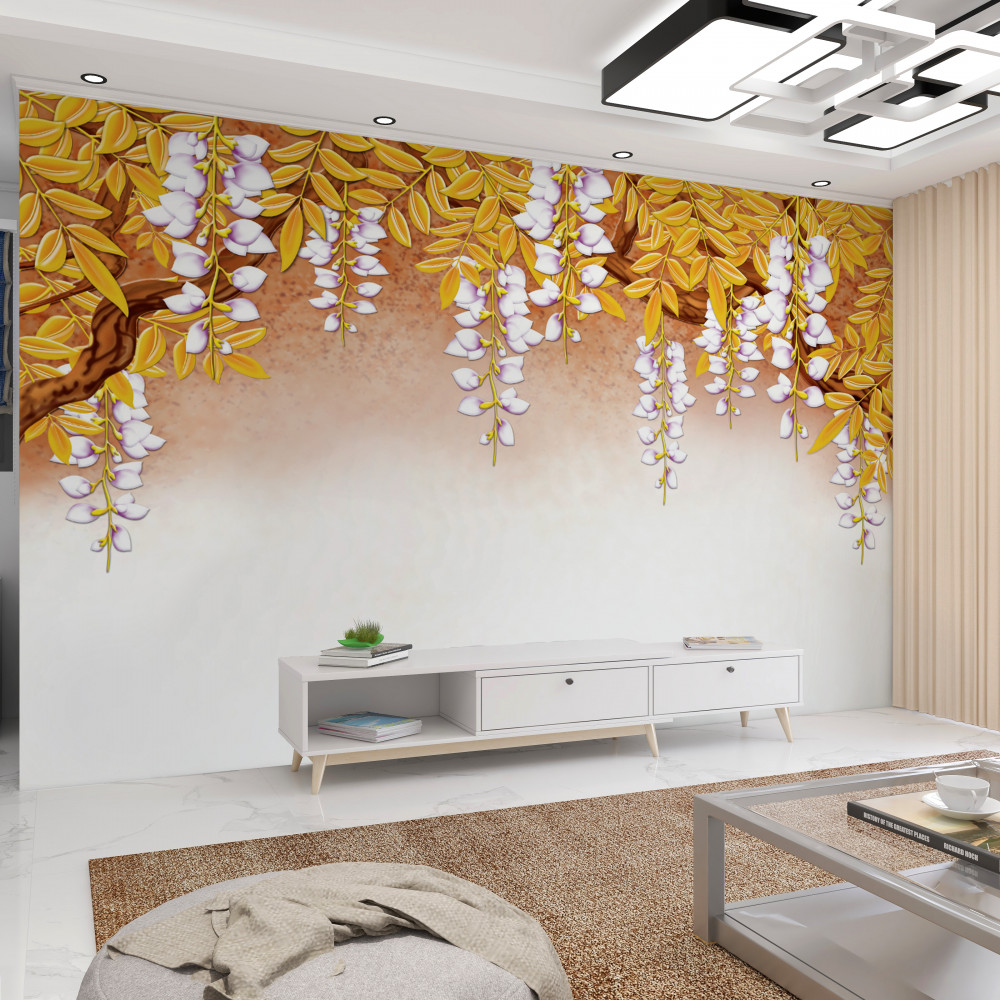 Fototapeta białe kwiaty i żółte liście w odbiciu