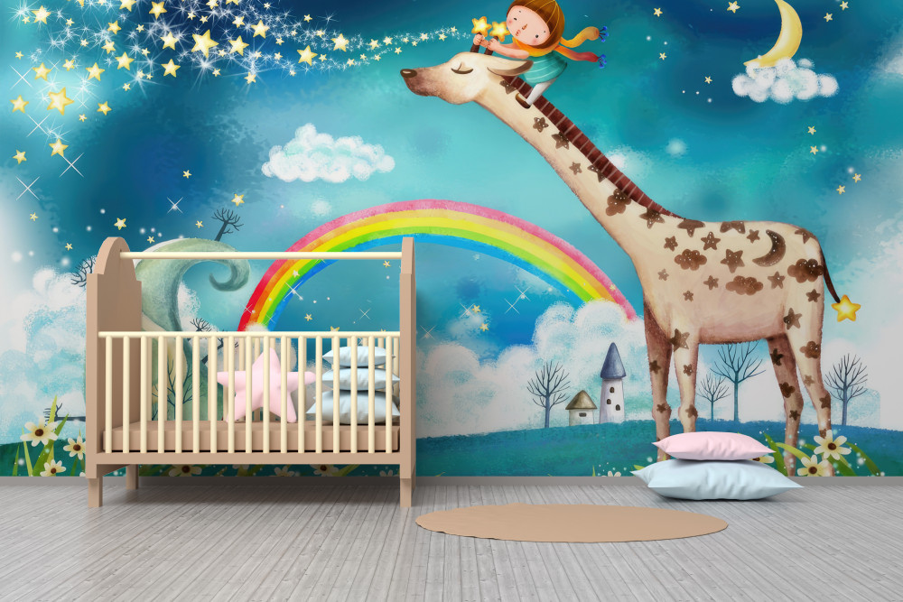 Fototapeta dziewczyna jedzie na żyrafie na tęczowym tle