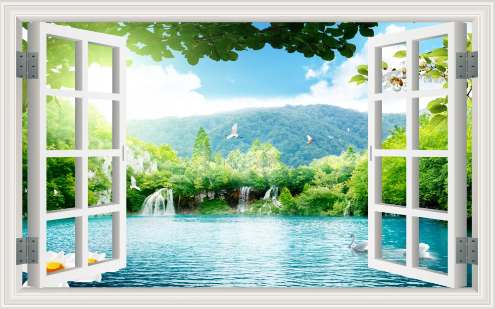 Fototapeta wodospady wpływające do jeziora za oknem