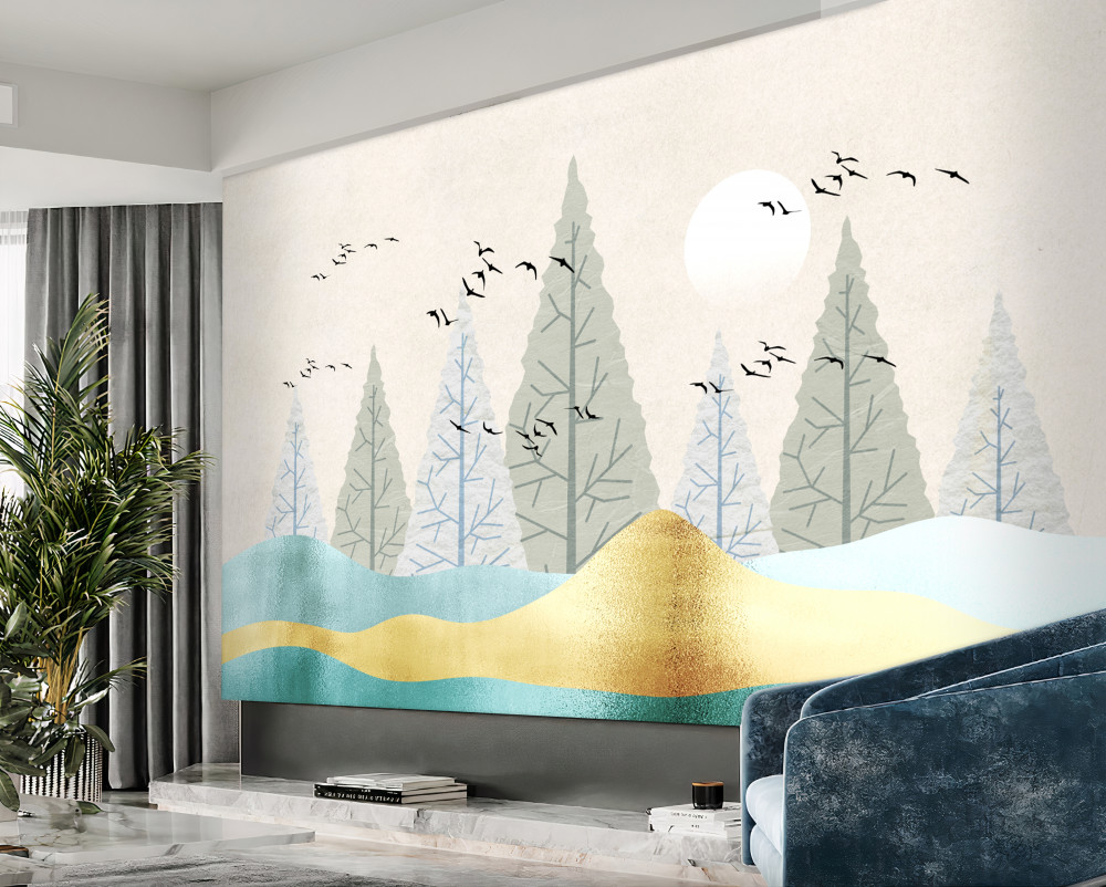 Fototapeta ptaki przelatujące nad lasem na zachodzie