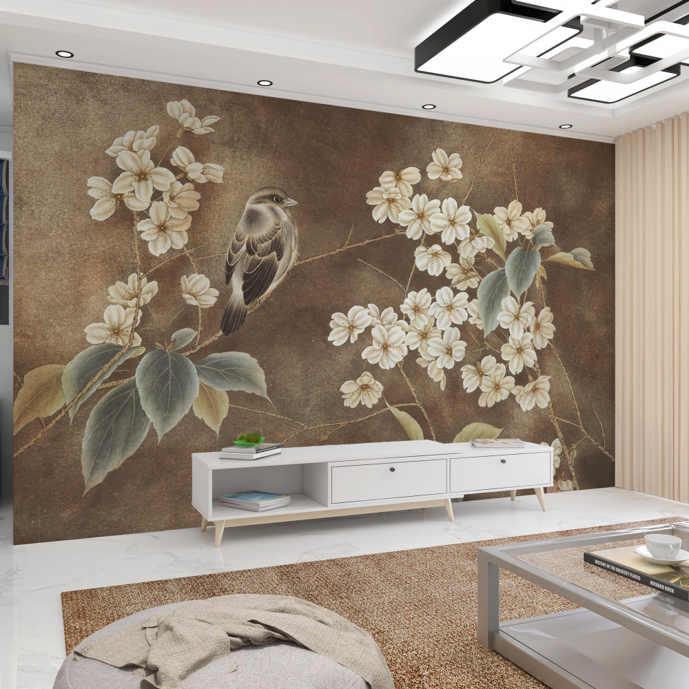 Fototapeta ptak na gałęzi z białymi kwiatami