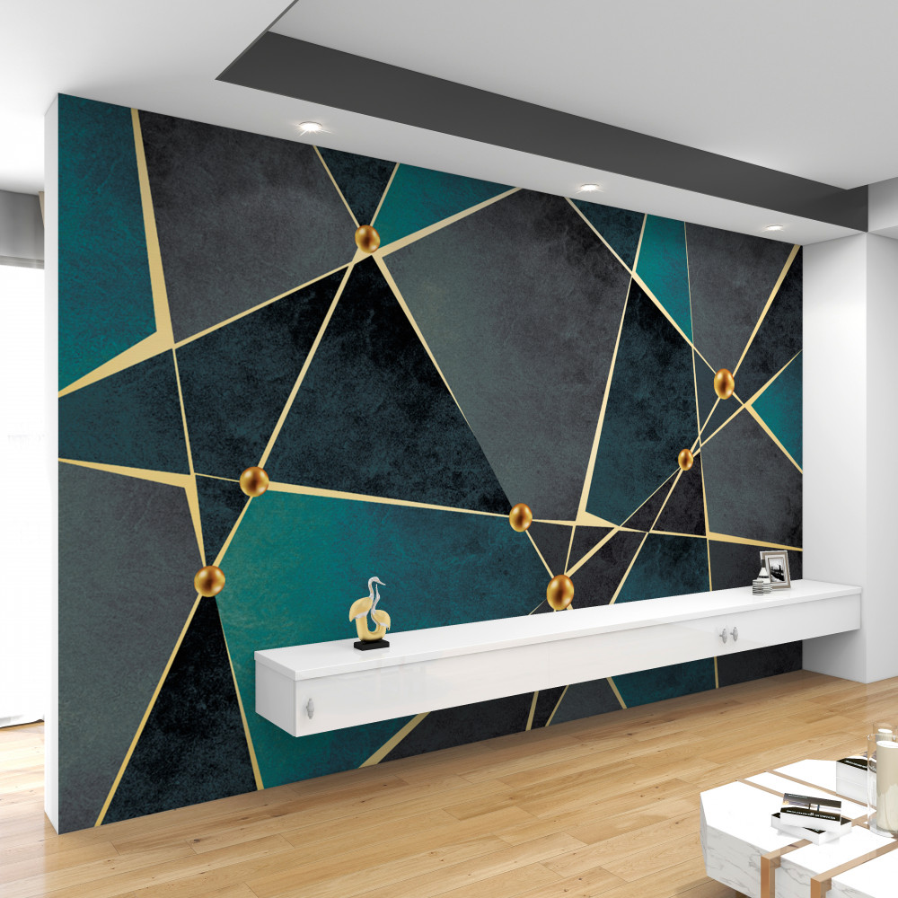 Fototapeta szmaragdowa mozaika ze złotymi liniami