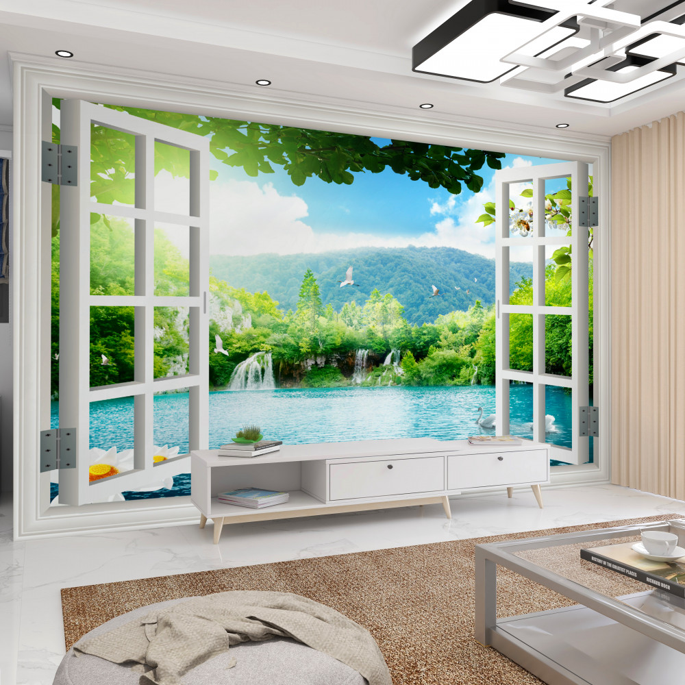 Fototapeta z okna piękna panorama na jezioro i wodospady