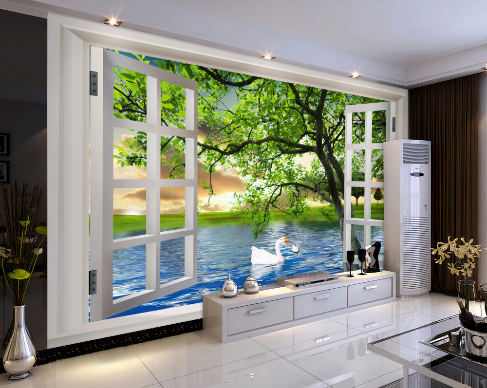 Fototapeta łabędź na wodzie za oknem