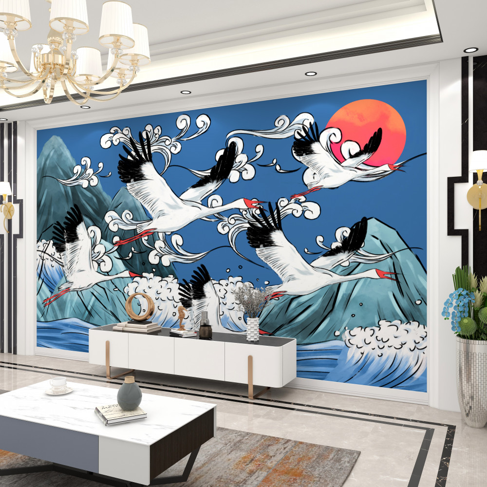 Fototapeta bociany lecą na zachód słońca nad morzem