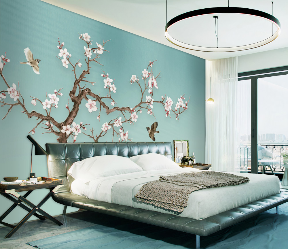 Fototapeta ptaki latają nad drzewem z białymi kwiatami