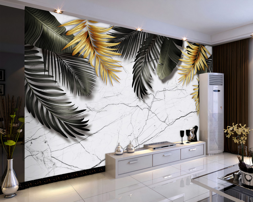 Fototapeta złote i czarne liście palmowe na marmurze