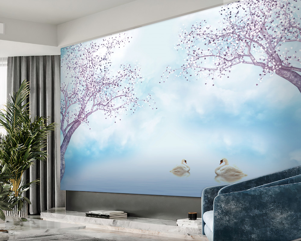 Fototapeta mgła nad jeziorem z łabędziami