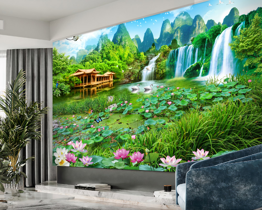 Fototapeta dom obok wodospadu wpadającego do jeziora