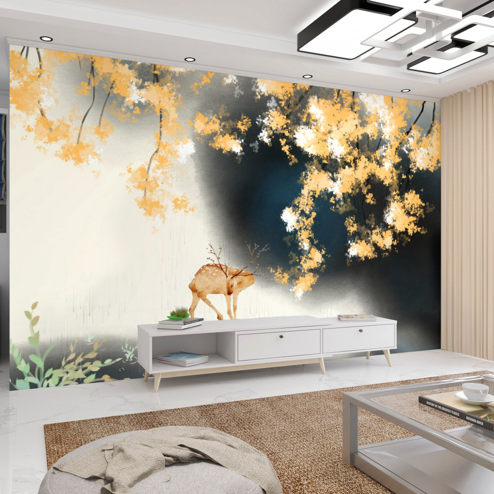 Fototapeta jeleń w leśnej jesiennej mgle