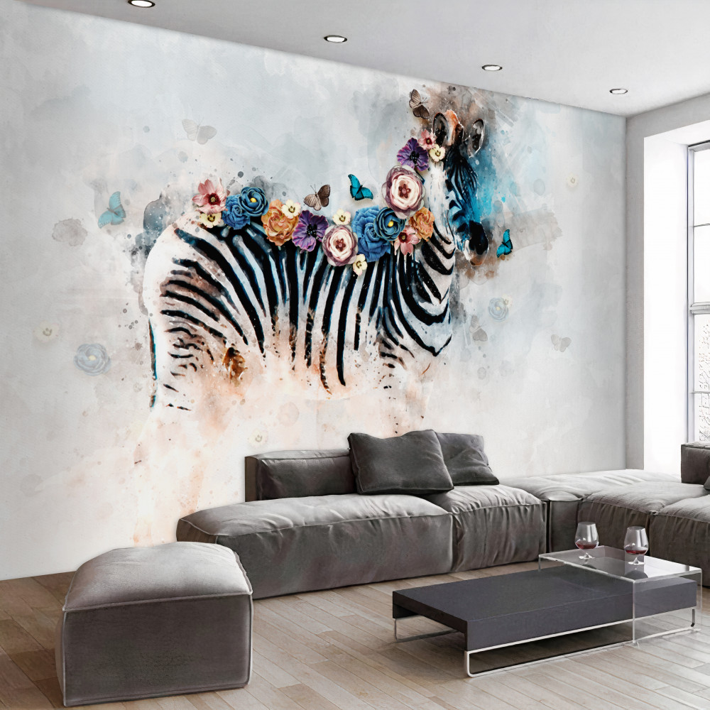 Fototapeta jasna zebra w kwiatach