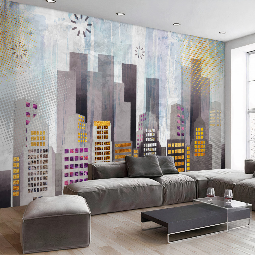 Fototapeta szare miasto ze złotymi światłami