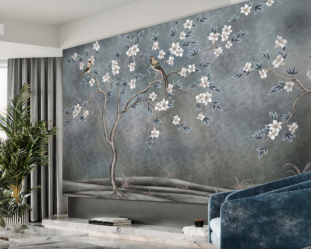 Fototapeta ptaki na drzewie z białymi kwiatami