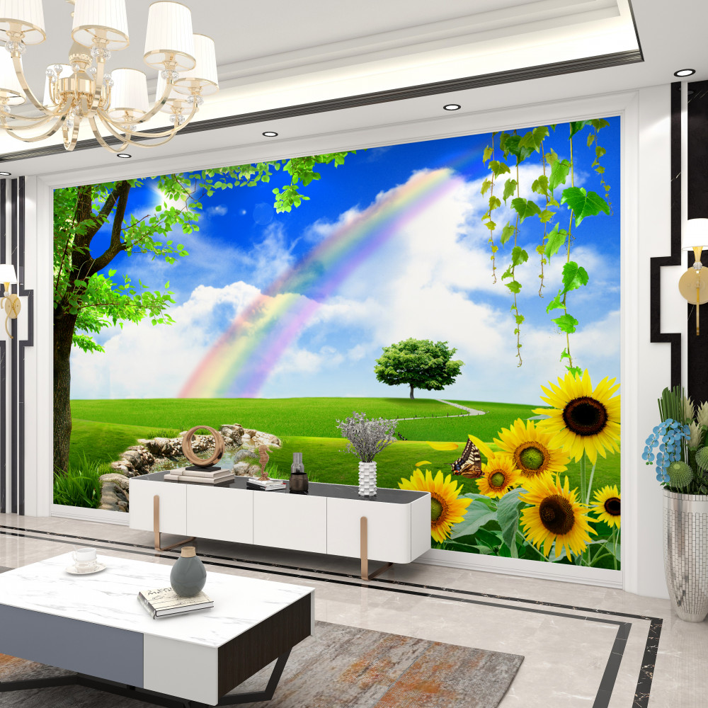 Fototapeta tęcza nad zielonymi łąkami