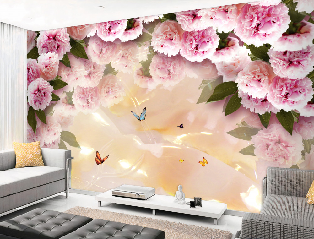 Fototapeta delikatne różowe kwiaty i motyle