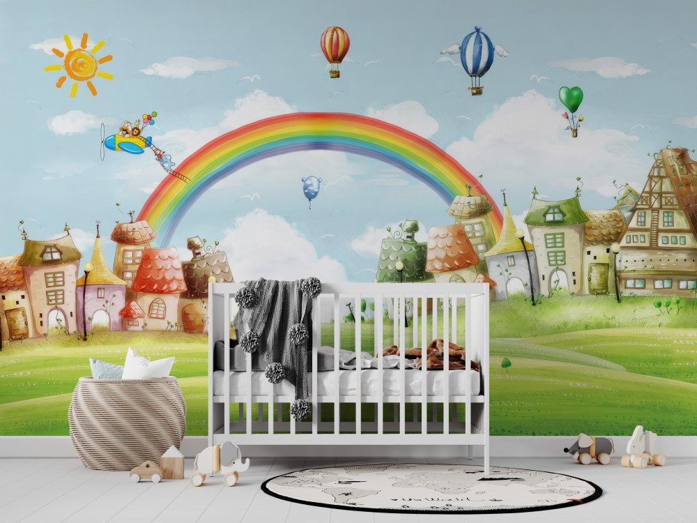 Fototapeta tęcza nad kolorowym miastem