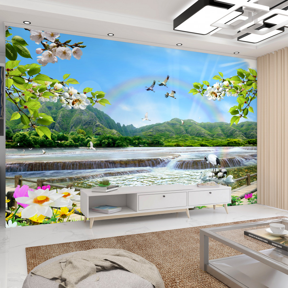 Fototapeta tęcza nad wodospadem jeziora i lasu