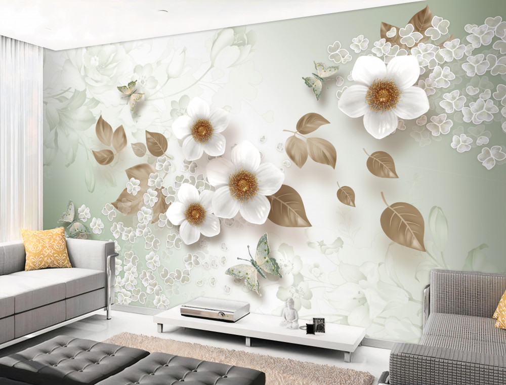 Fototapeta duże białe pąki kwiatowe i motyle