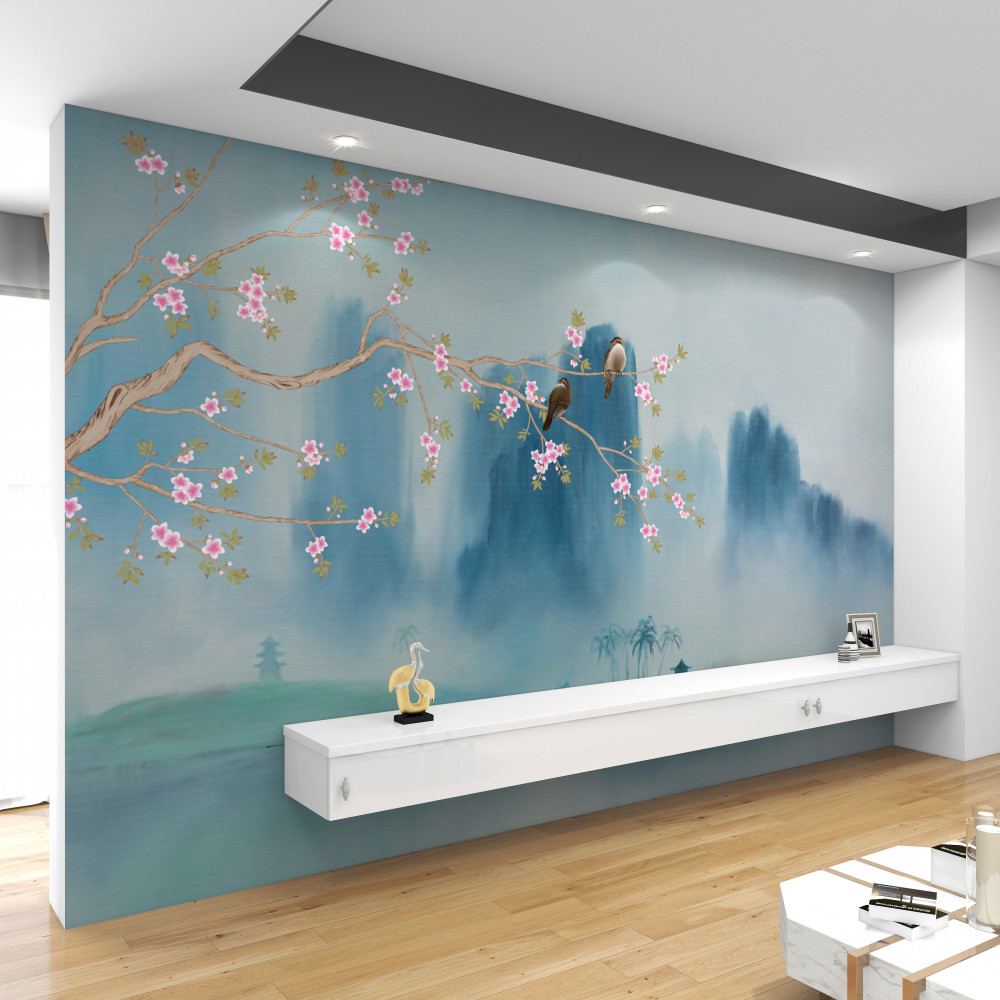 Fototapeta gałąź kwiatu wiśni nad mglistym jeziorem