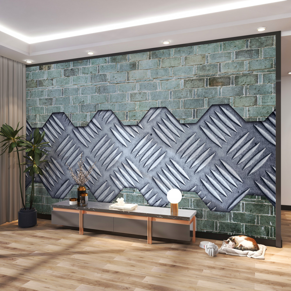 Fototapeta blacha aluminiowa na ścianie z cegły