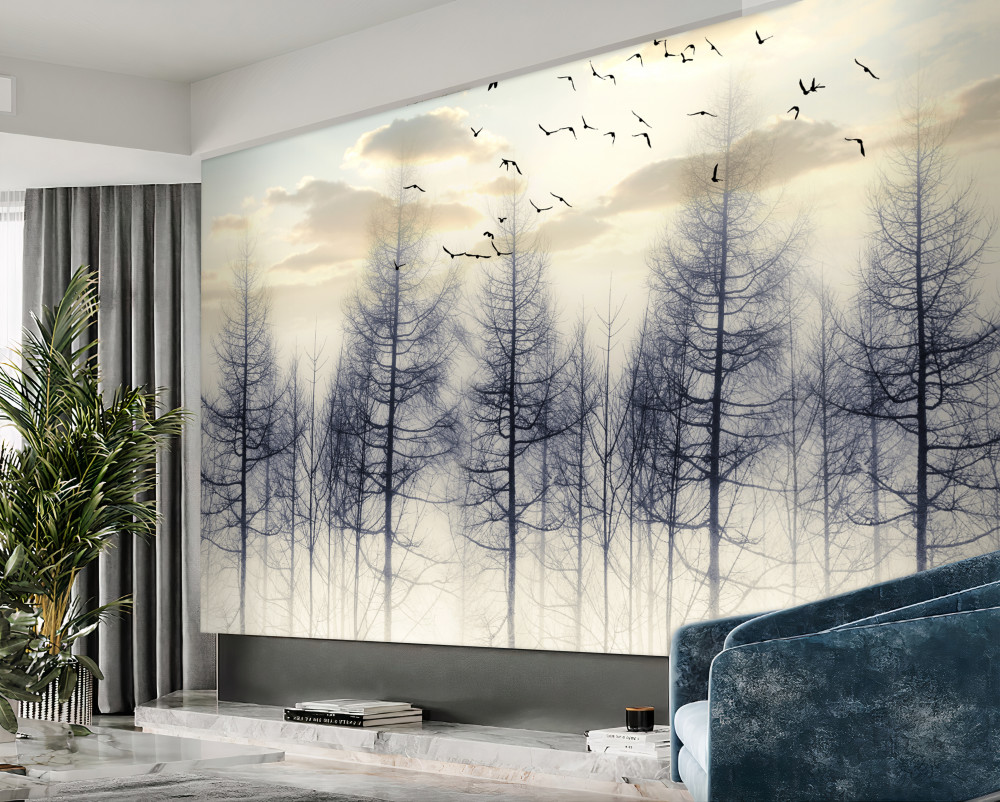 Fototapeta wczesnym rankiem w mglistym lesie