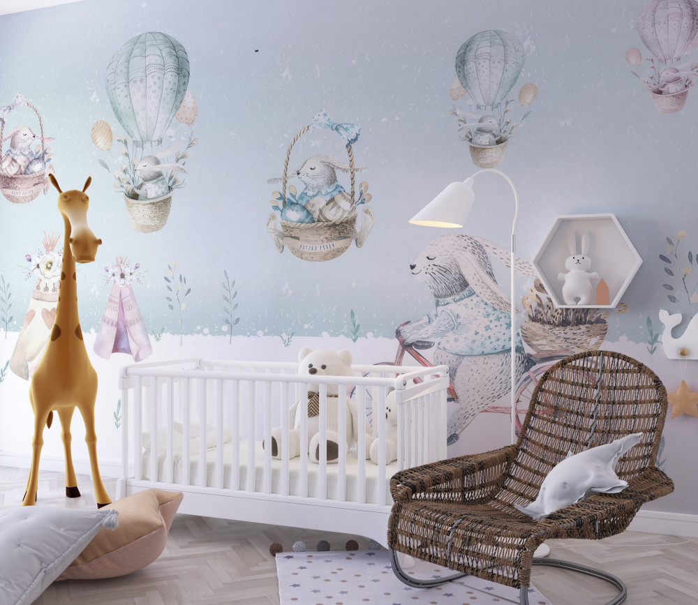 Fototapeta króliczki w balonach i na rowerze