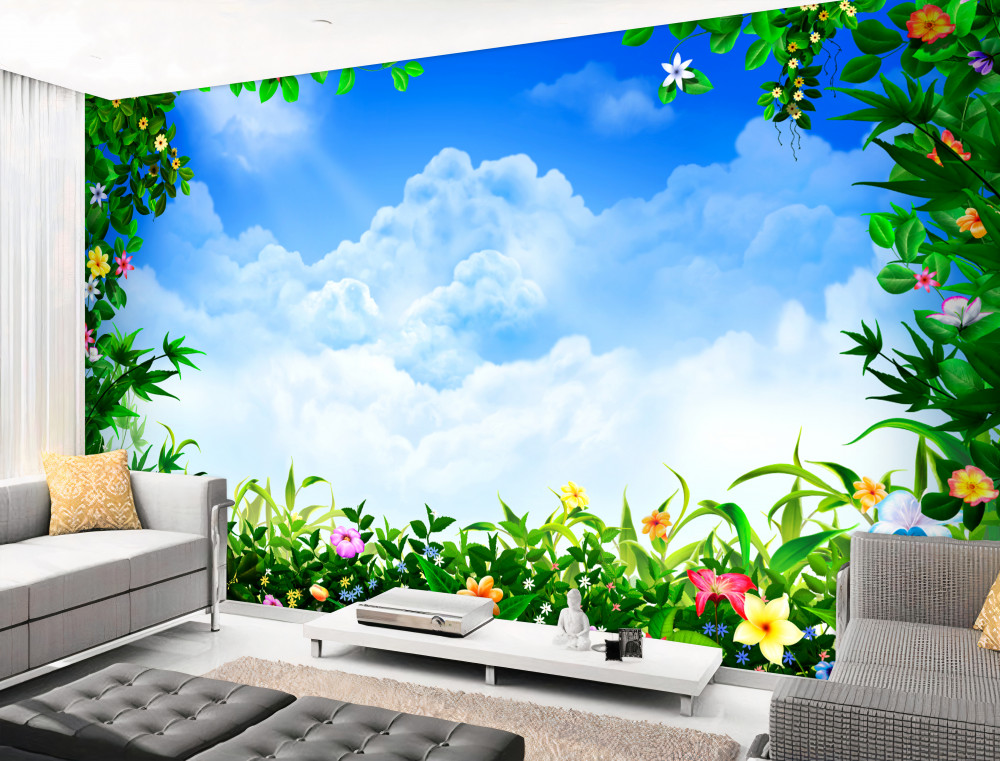 Fototapeta niebieskie chmury w kwitnącej zieleni