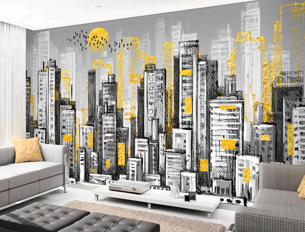 Fototapeta żółty zachód słońca nad szarym miastem