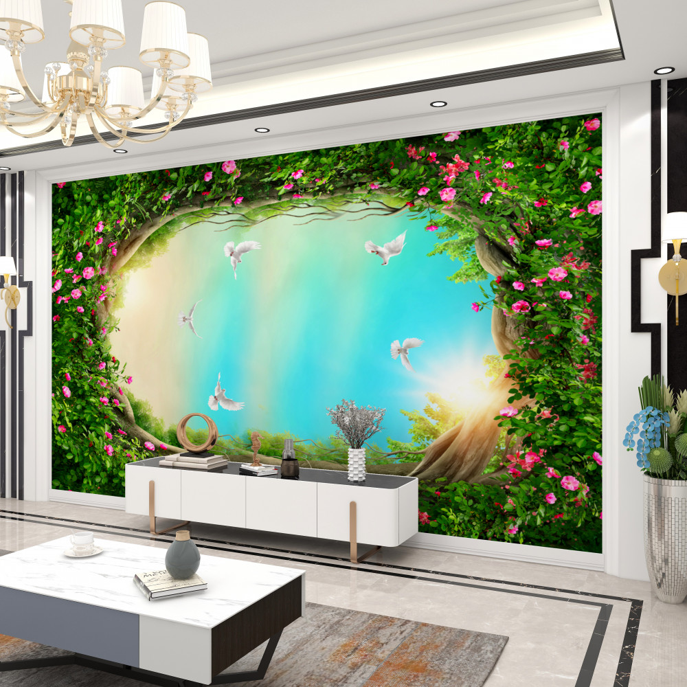 Fototapeta gołębie na niebie w ramce zieleni i kwiatów