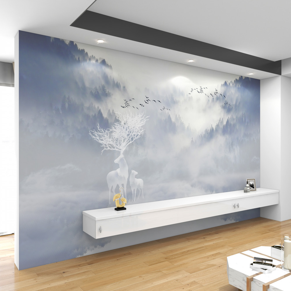 Fototapeta rodzina jeleniowatych w mglistym lesie