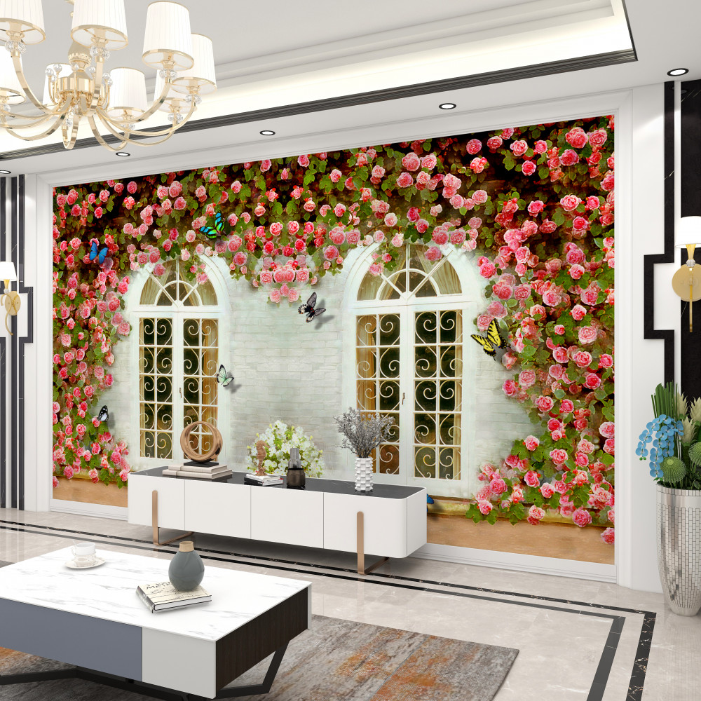 Fototapeta okna wokół kwitnących róż