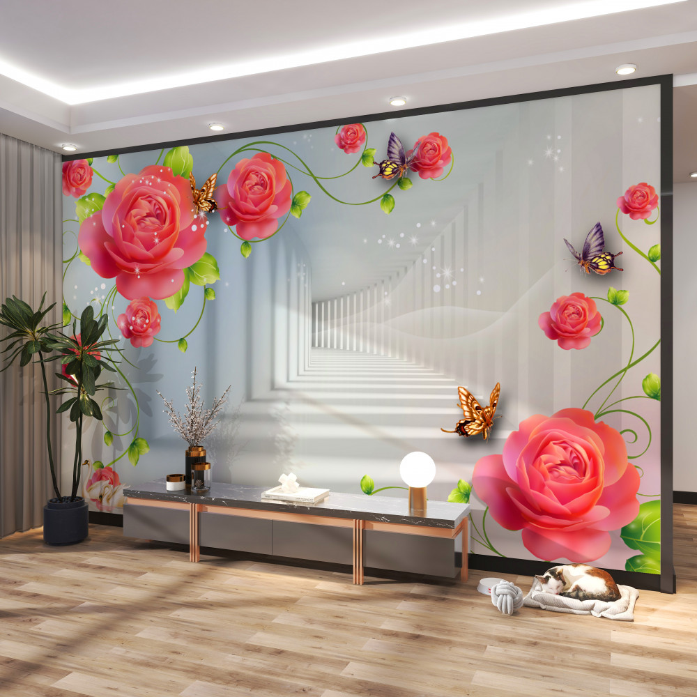 Fototapeta czerwone róże przed rododendronem