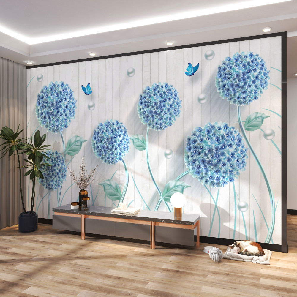 Fototapeta niezwykłe niebieskie kwiaty i motyle